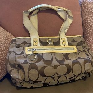 COACH Daisy Khaki Brown White Yellow Signature Canvas Leather Tote Satchel Bag